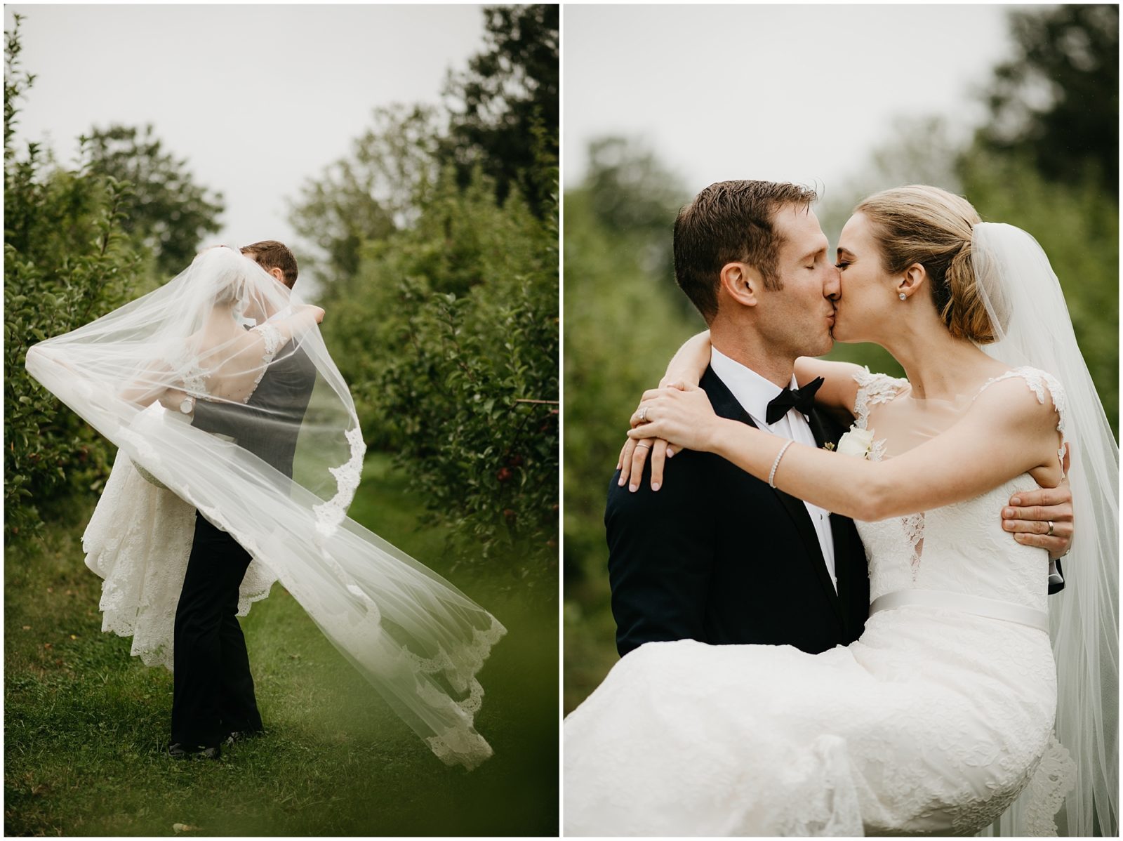 Bride and groom portraits in apple orchard during New England Fall wedding