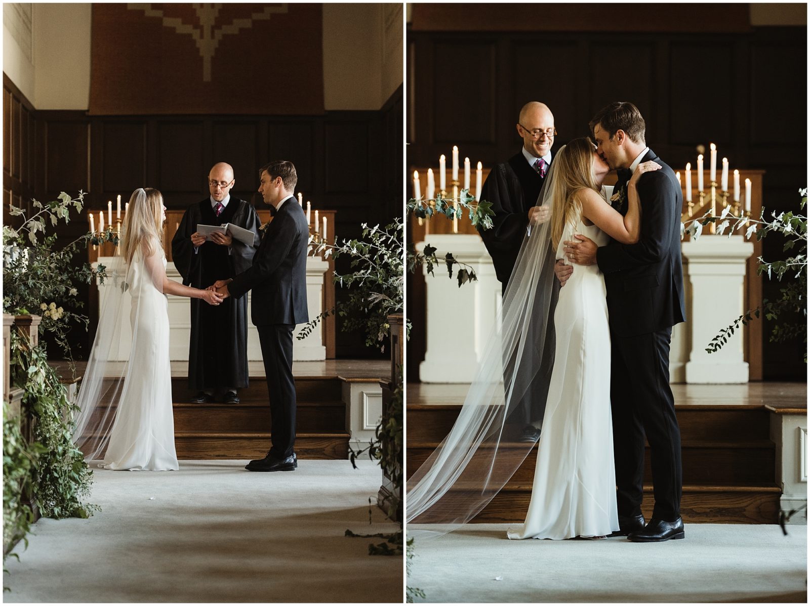 First kiss of modern and stylish wedding ceremony in Portland, Oregon.