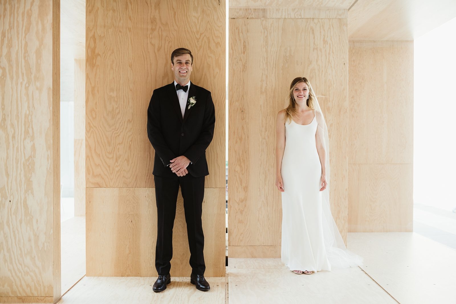 Modern, stylish and minimalist bride and groom portrait at Portland Art Museum
