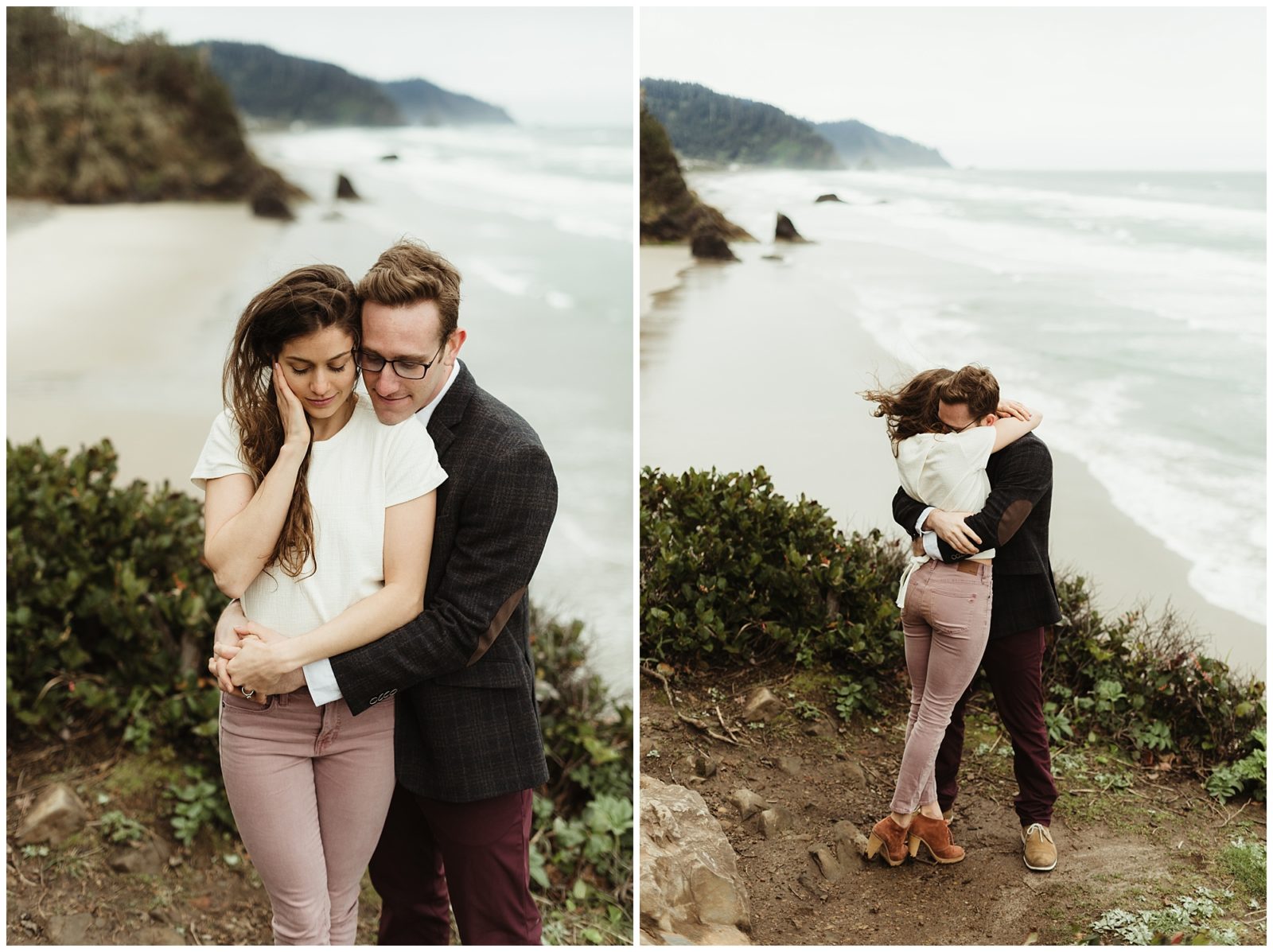 Gorgeous couple embracing on cliffside at Hug Point on the Oregon Coast during engagement shoot