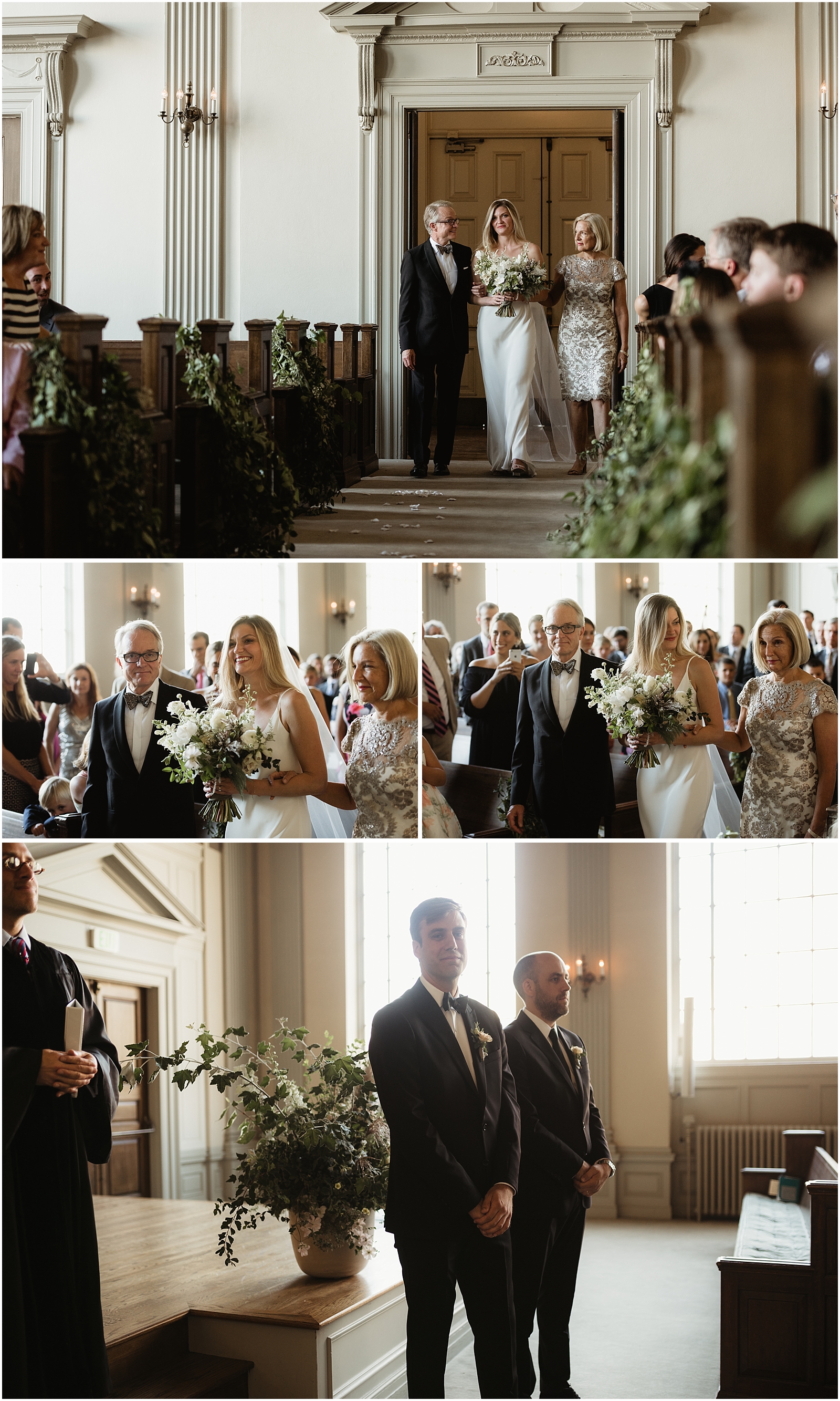 Modern bride walking up the aisle at First Unitarian Church Portland Wedding florals by Bramble Floral Design // Kate Ames Photography 
