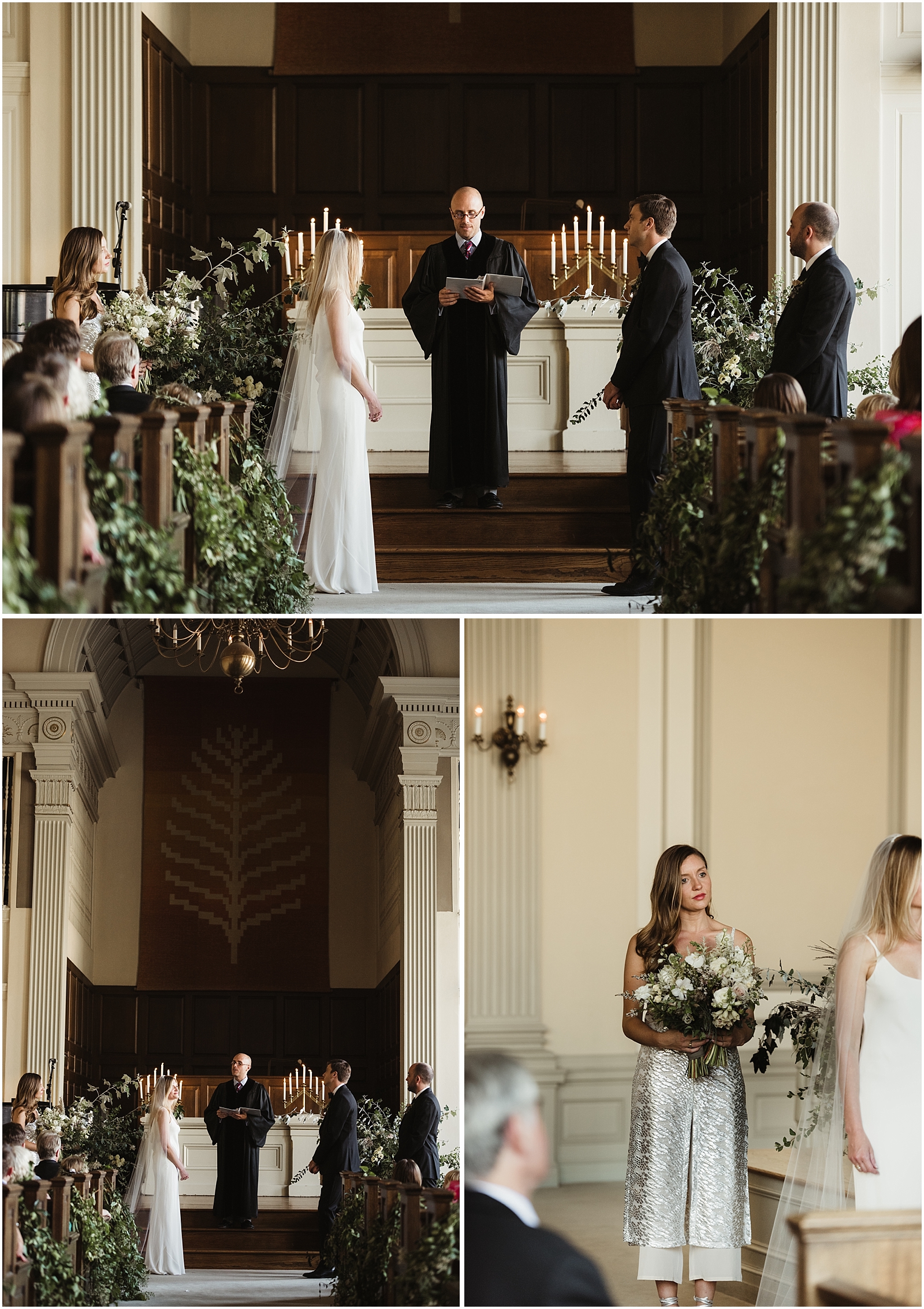 Gorgeous wedding ceremony at The First Unitarian Church in Portland Oregon full of greenery by Bramble Floral // Kate Ames Photography