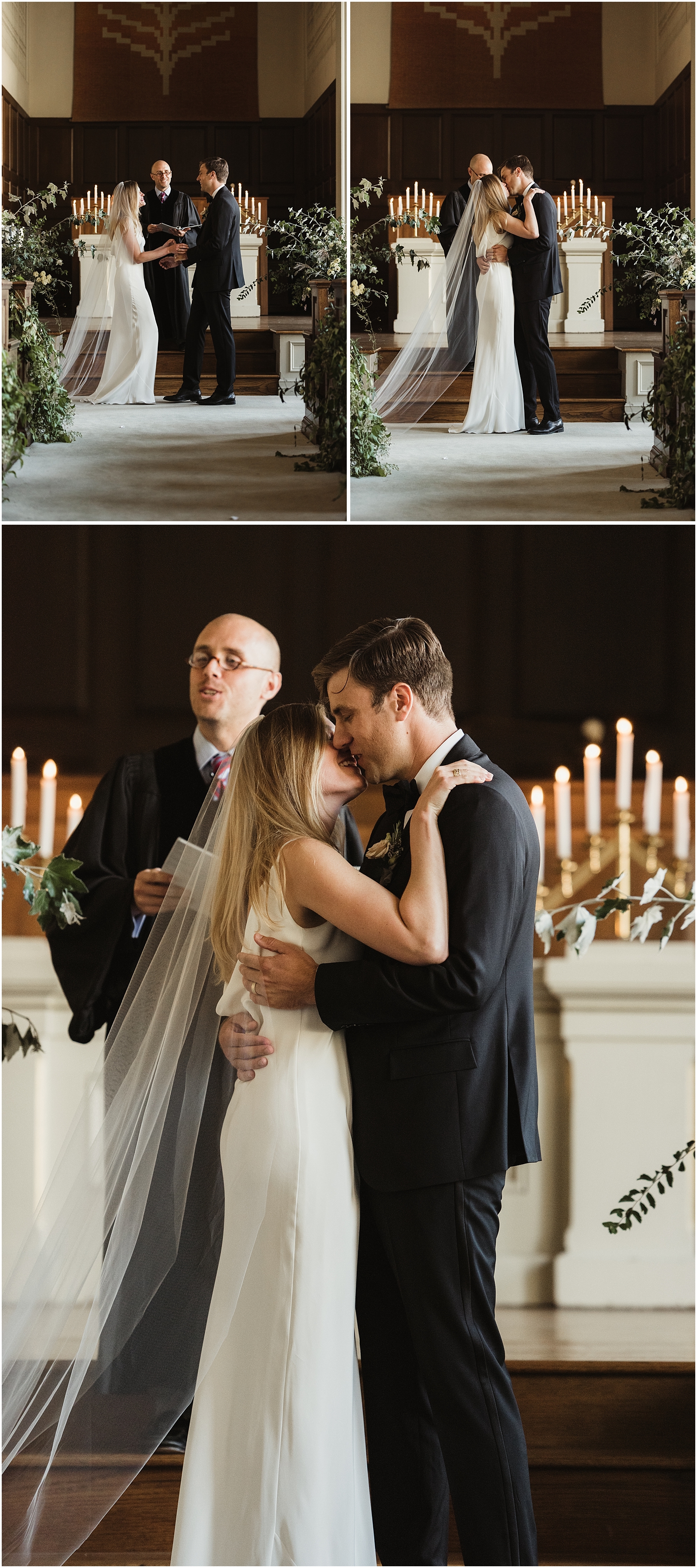 First kiss at The First Unitarian Church in Portland Oregon full of greenery by Bramble Floral // Kate Ames Photography