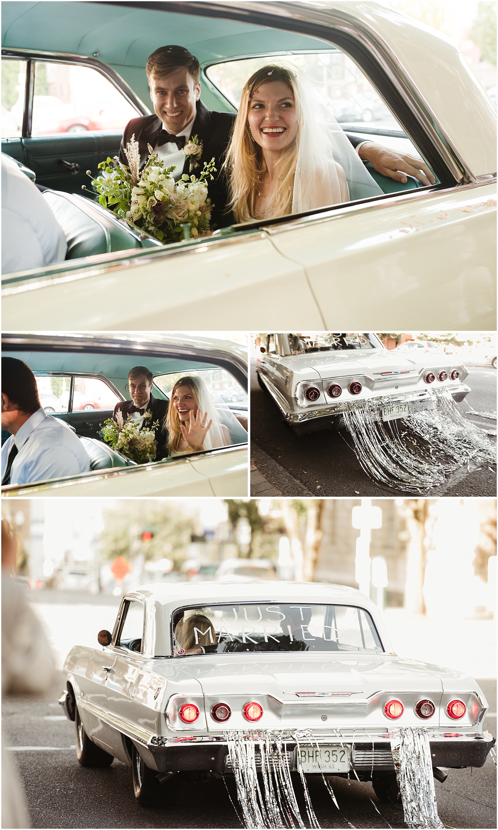 Stylish modern couple in vintage getaway car after wedding ceremony in Portland, OR // Kate Ames Photography