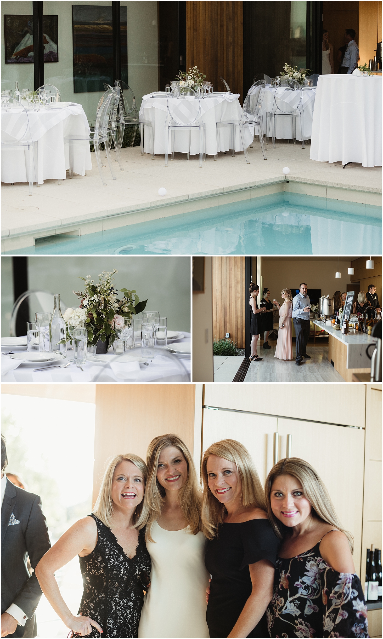 Modern white and grey wedding reception with ghost chairs and a pool in Portland, OR // Kate Ames Photography