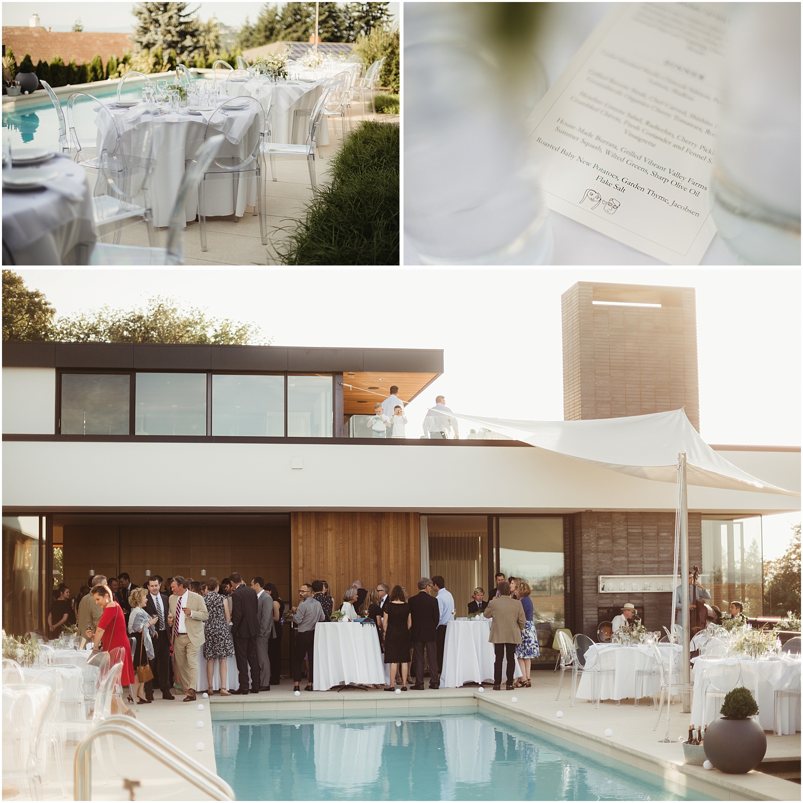 Mid century modern white and grey wedding reception with ghost chairs and a pool in Portland, OR // Kate Ames Photography