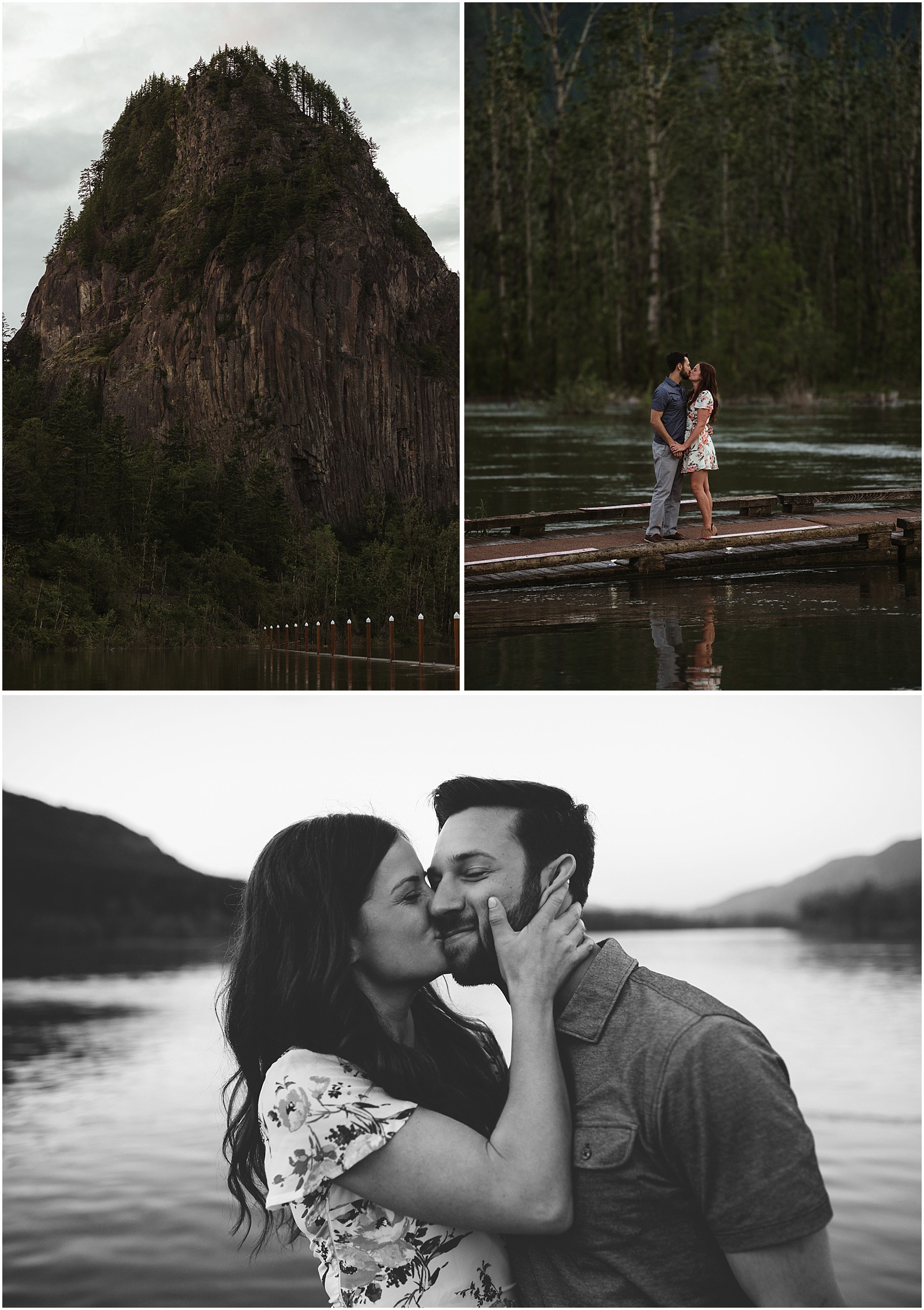 Romantic sunset engagement shoot on a dock in the Columbia River Gorge