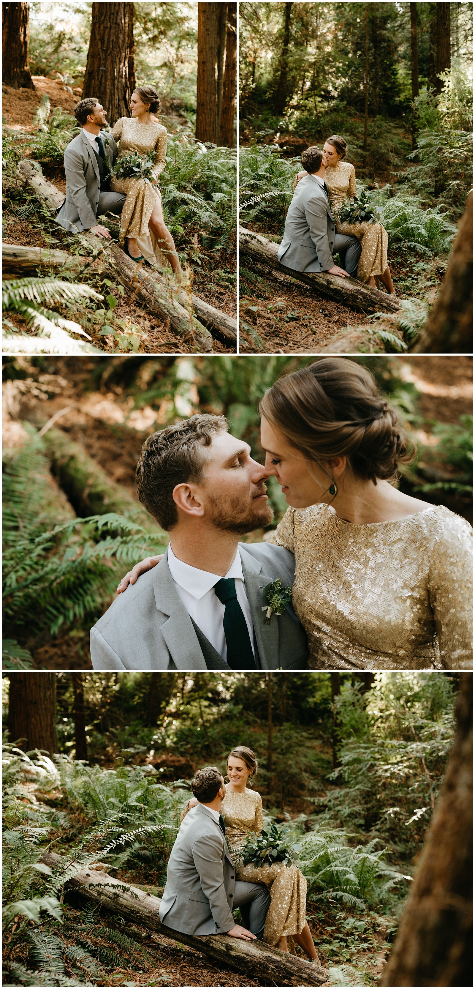 Elopement in the forest under redwood trees in a gold dress