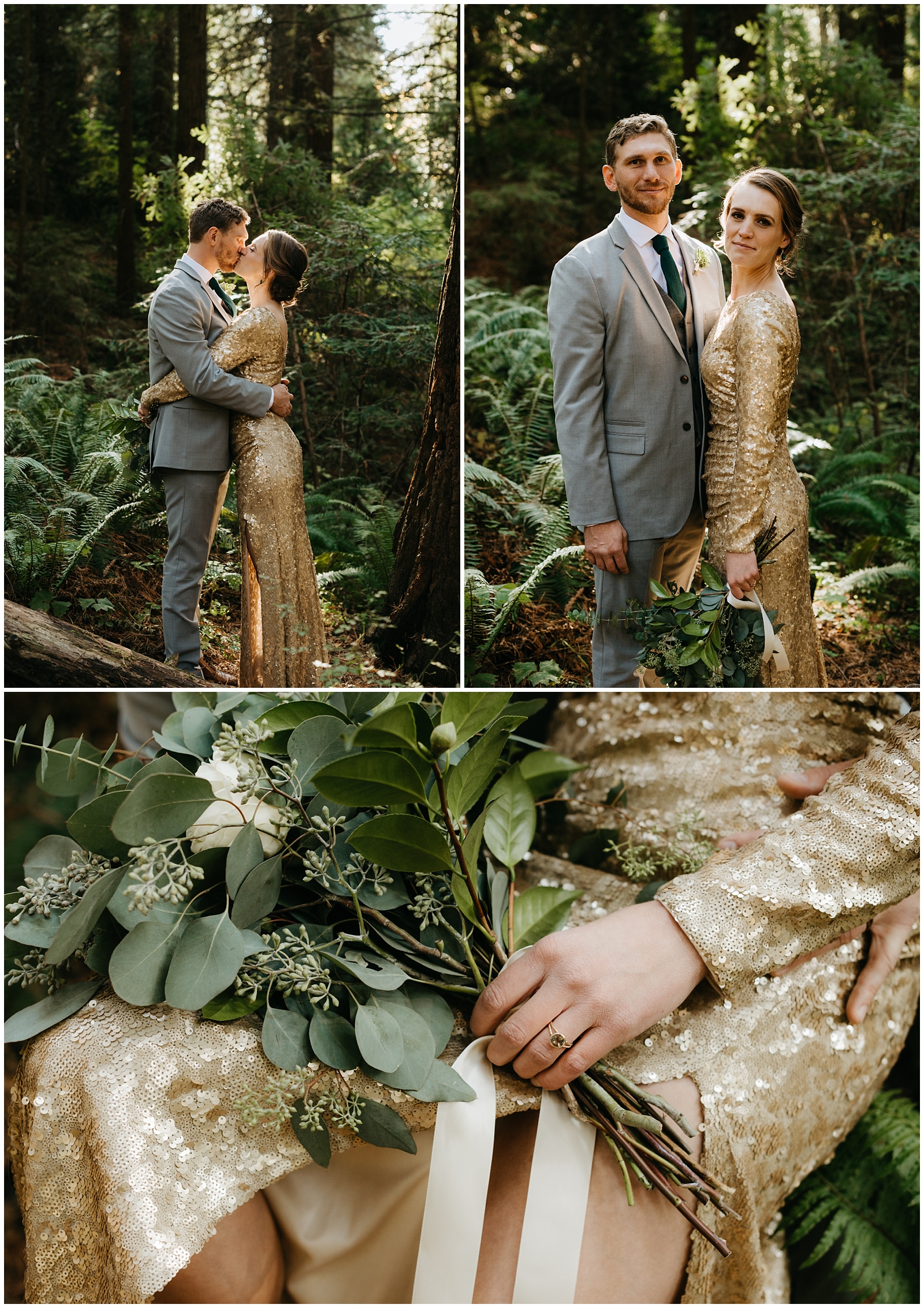 Elopement in the forest under redwood trees in a gold dress
